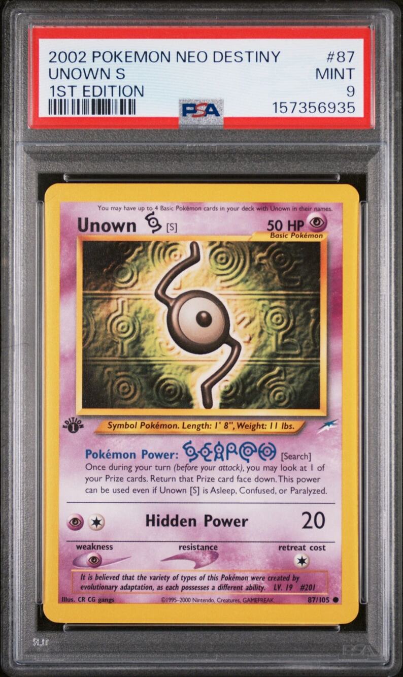 PSA 9 MINT Unown S 1st Edition 87/105 Pokémon 2002 Neo Destiny Graded Card